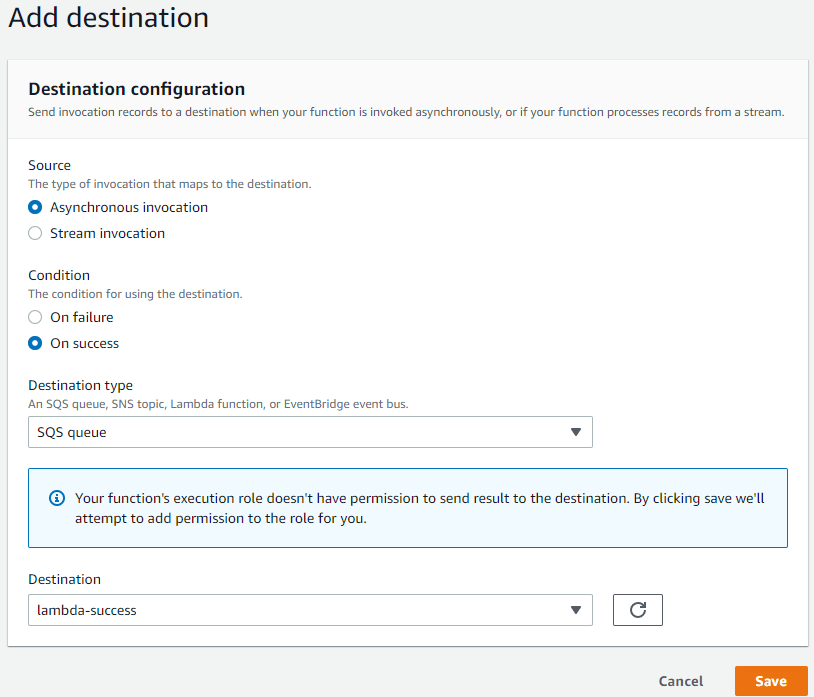 Select SQS Queue from Destination Type 