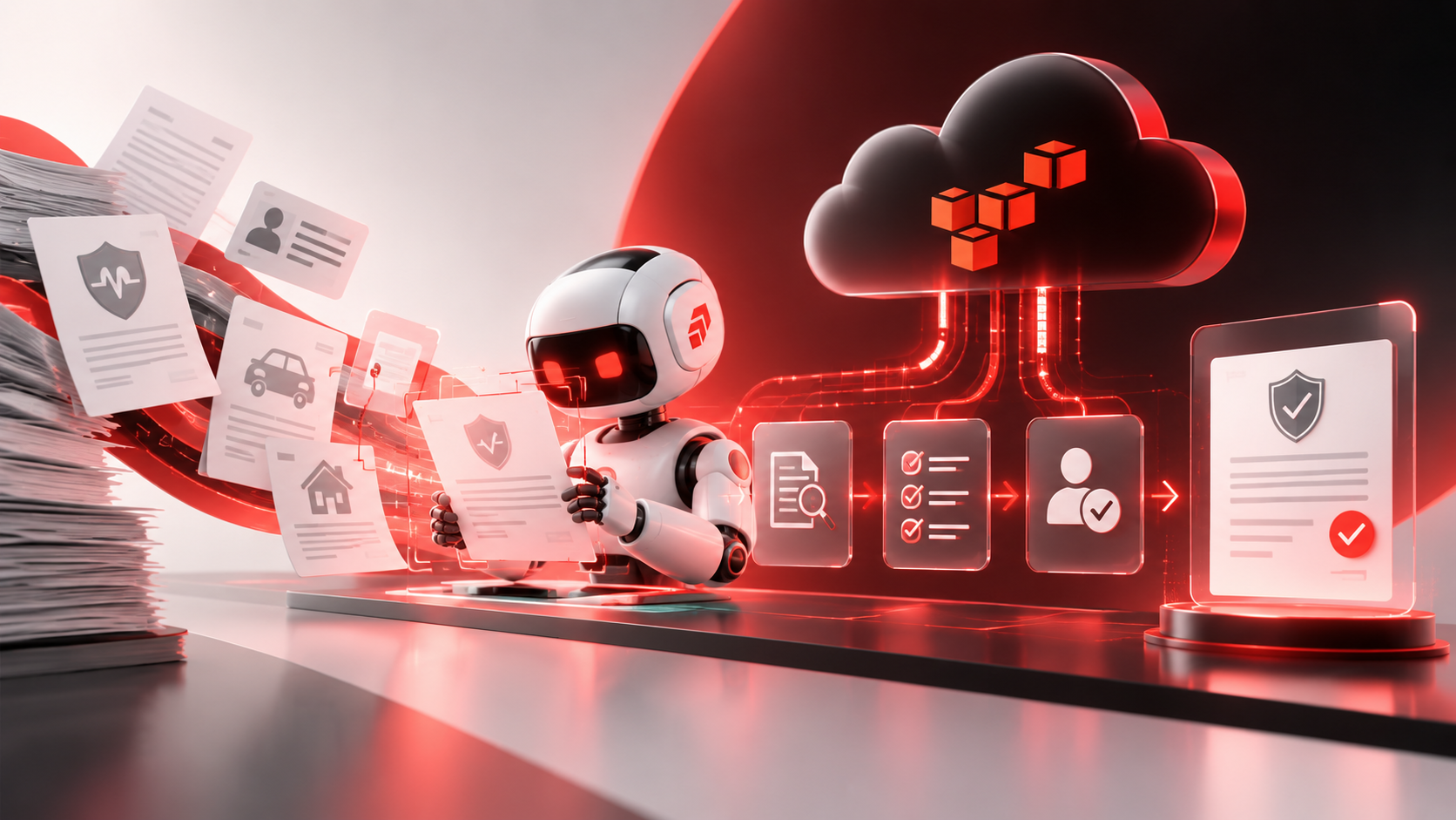 Insurance policy documents moving through AI intake, verification and human approval on AWS.