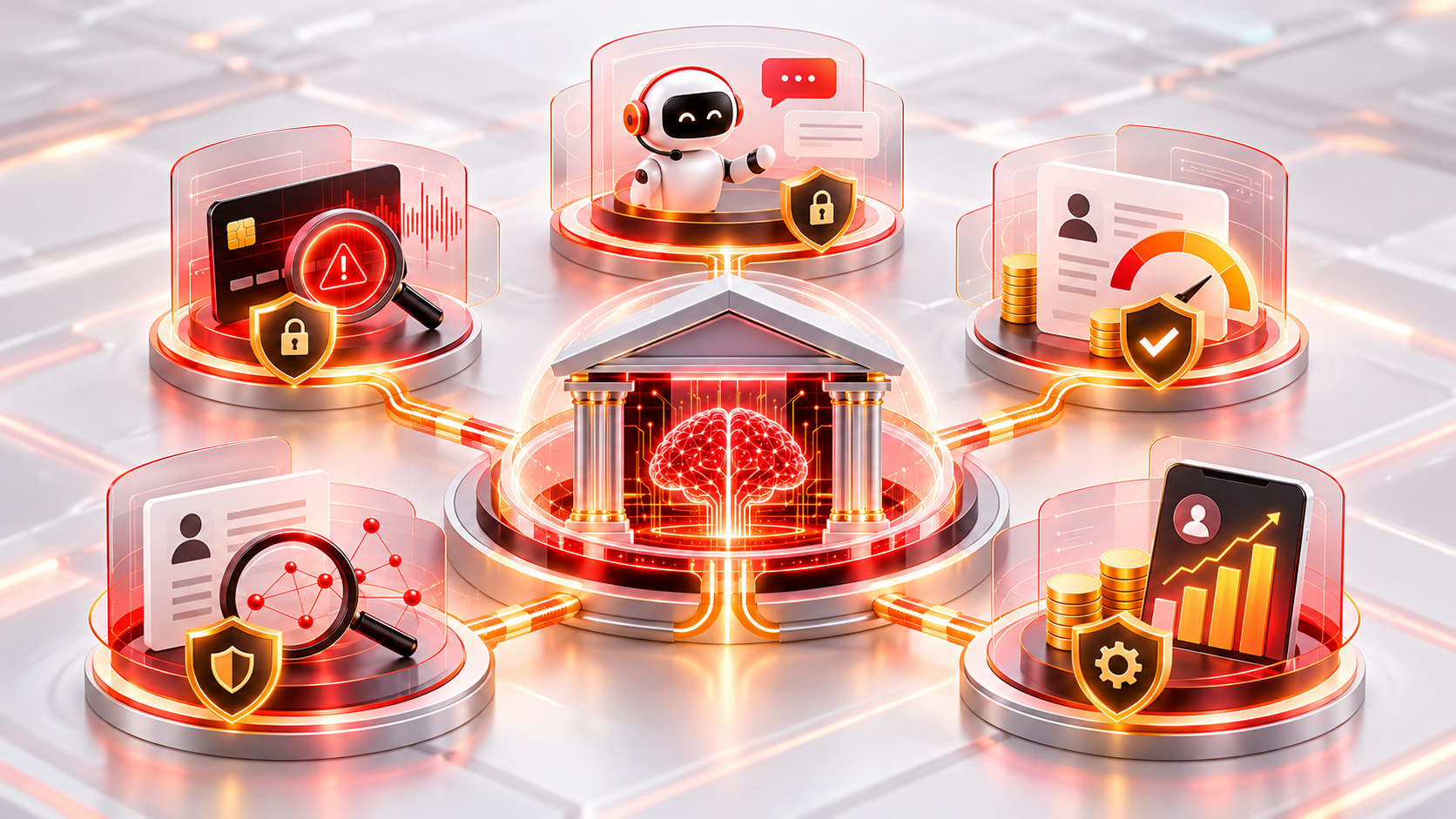 Illustration of generative AI supporting customer service, lending, KYC and document processing in banking