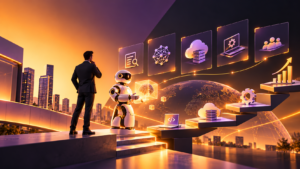 Human and AI collaboration in a futuristic city representing top AI development companies in India